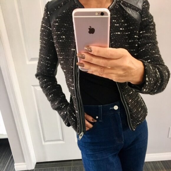 H&M Tweed with vegan leather trim and silver zippers cropped blazer size xs - Picture 11 of 13